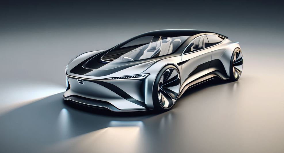 3D rendered futuristic car design with a sleek exterior, aerodynamic lines, and advanced technology