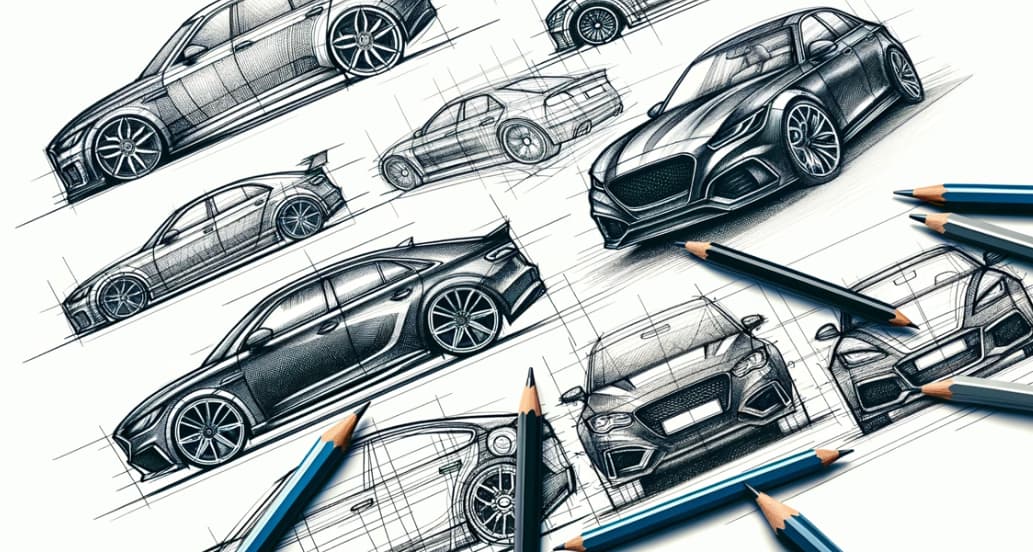 Series of car sketches in various stages of development
