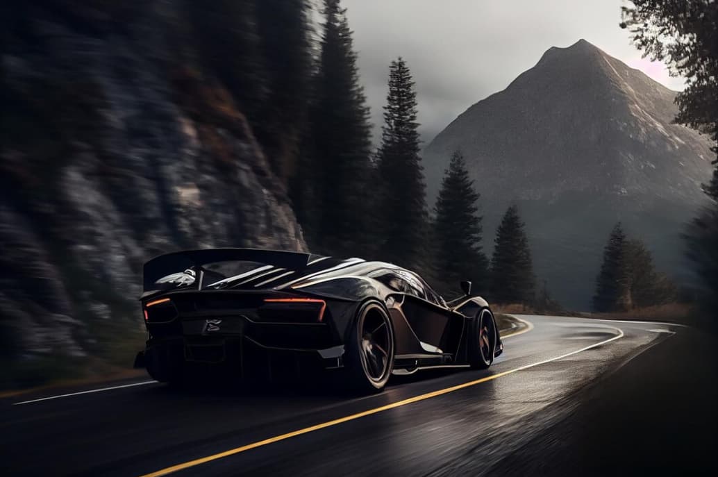 A futuristic black sports car racing along a mountainous road at dusk