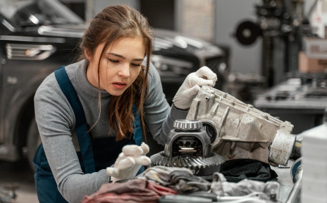 Woman working at a car service