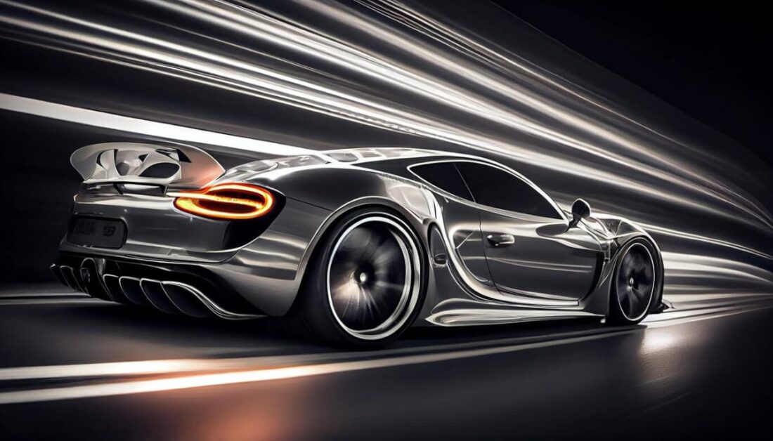 A sleek silver concept car showcasing dynamic light streaks as it speeds